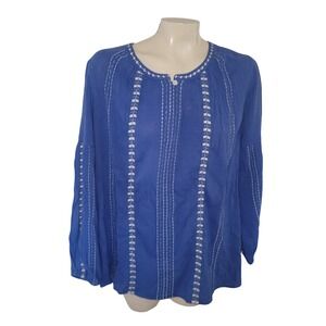 J Jill Blue Embroidered Button Neck Peasant Blouse Top PM cottagecore hippie